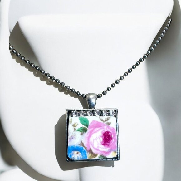 Homer Laughlin Floral Broken China  Square Pendant with Rhinestones Necklace - Picture 1 of 15